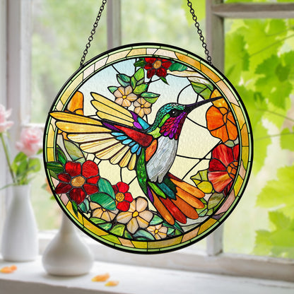 Stunning Custom Floral and Hummingbird Stained Glass Suncatcher, Personalized Window Decoration for Home and Garden (Sun-23)