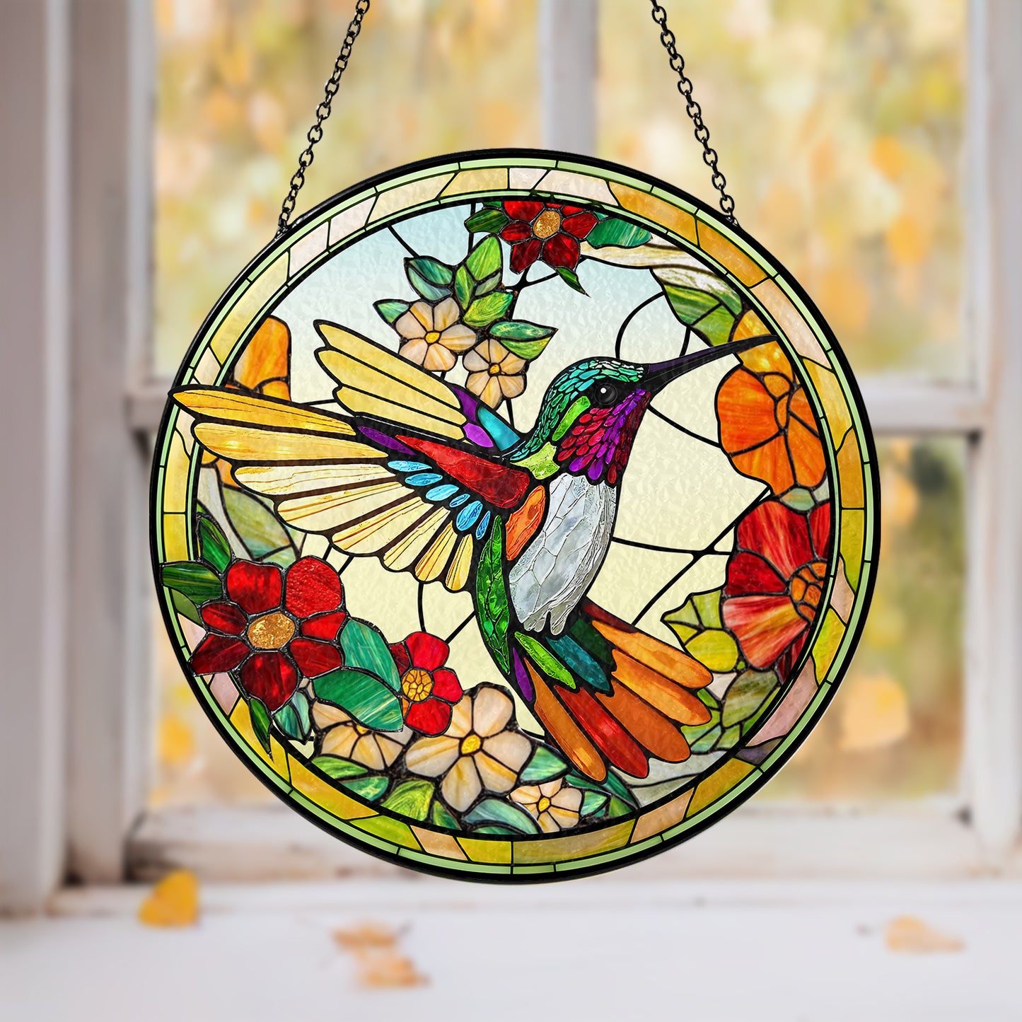 Stunning Custom Floral and Hummingbird Stained Glass Suncatcher, Personalized Window Decoration for Home and Garden (Sun-23)