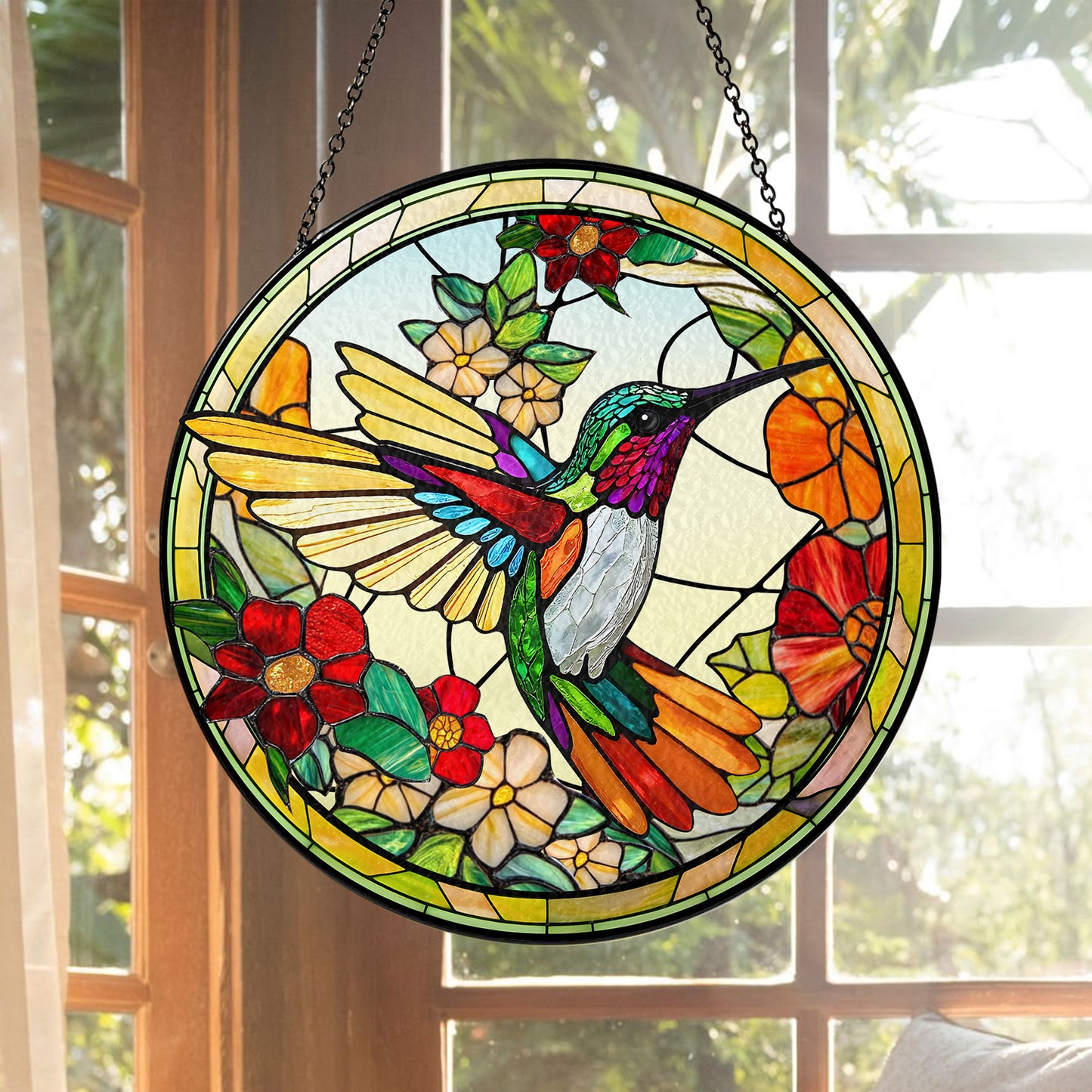 Stunning Custom Floral and Hummingbird Stained Glass Suncatcher, Personalized Window Decoration for Home and Garden (Sun-23)