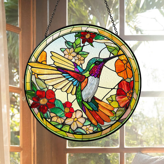 Stunning Custom Floral and Hummingbird Stained Glass Suncatcher, Personalized Window Decoration for Home and Garden (Sun-23)