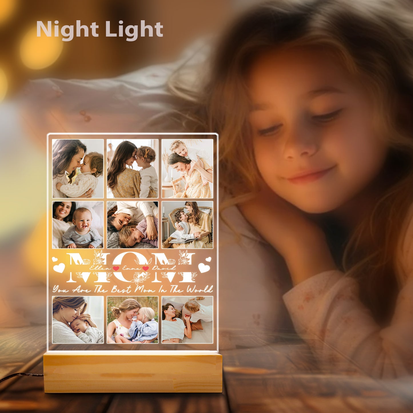 Personalized Mom Night Light with Acrylic Photo Plaque – Gift for Mom on Christmas, Birthday or Mother’s Day (MNL-16)