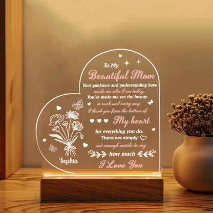 Mom Night Light Birthday Gift for Mom from Daughter LED Night Light with Wood Base Personalized Engraved Lamp Mother's Day Christmas Gift (MNL-11)