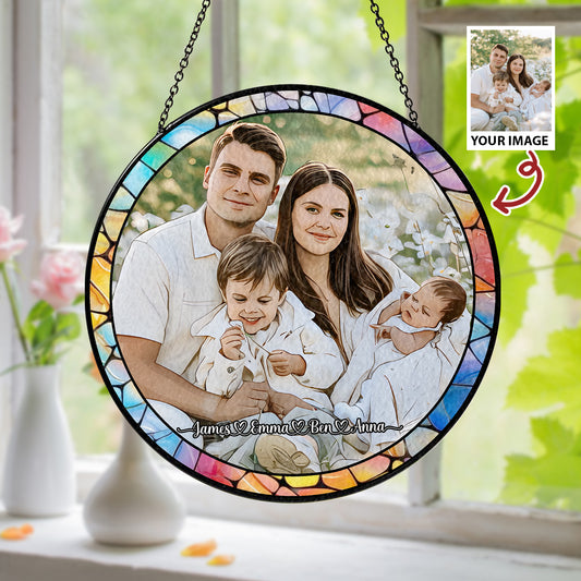 Personalized Family Photo Stained Glass Suncatcher – Custom Window Hanging for Memorial or Holiday Gifts (Sun-34)