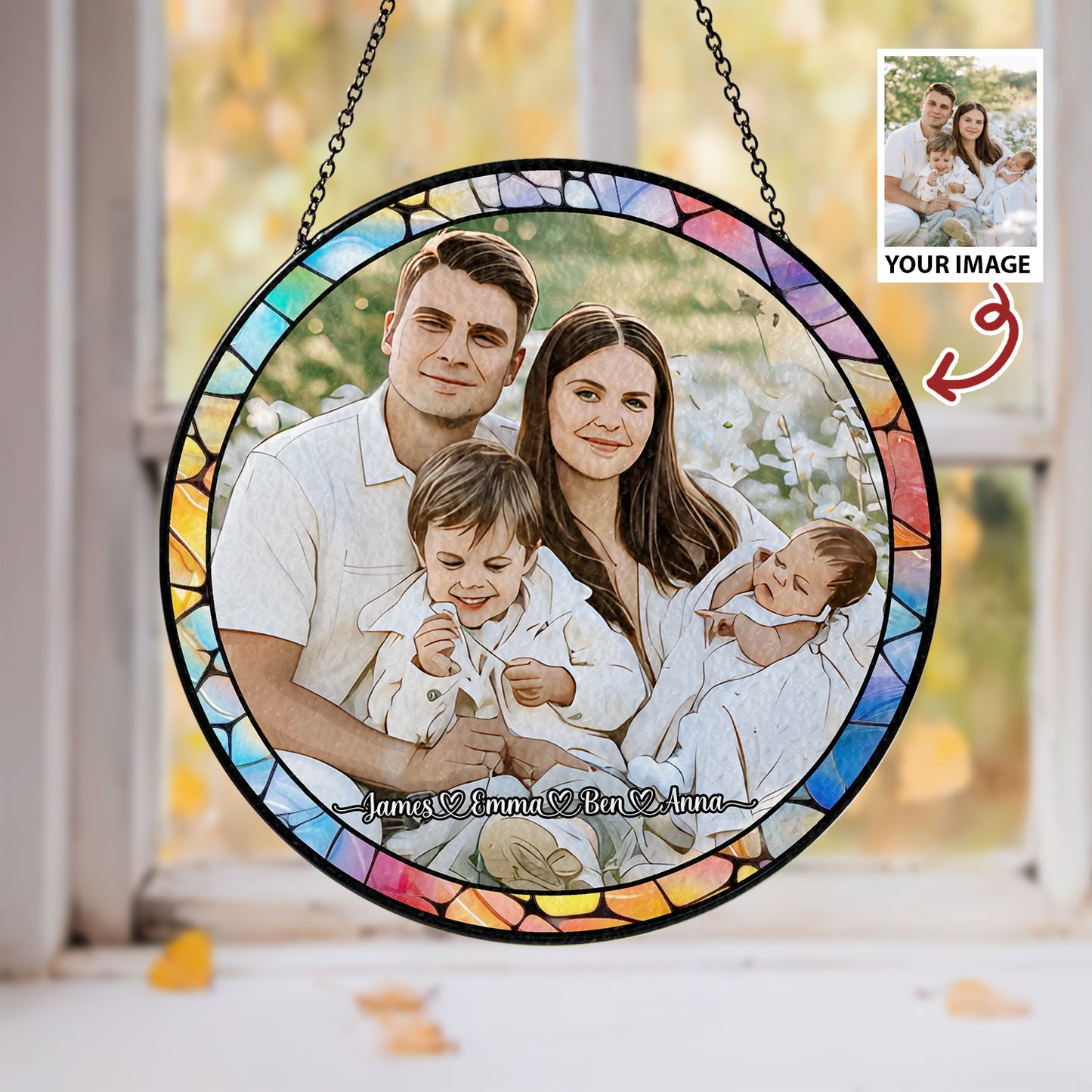 Personalized Family Photo Stained Glass Suncatcher – Custom Window Hanging for Memorial or Holiday Gifts (Sun-34)