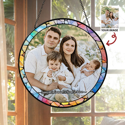 Personalized Family Photo Stained Glass Suncatcher – Custom Window Hanging for Memorial or Holiday Gifts (Sun-34)