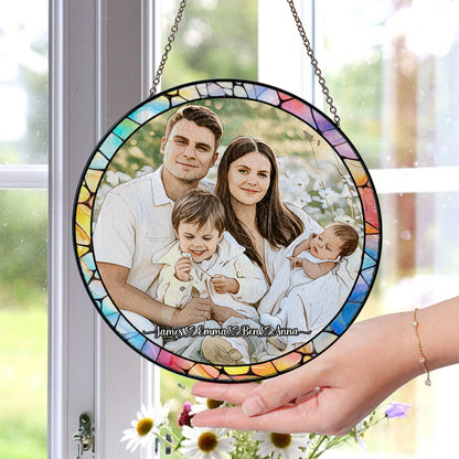 Personalized Family Photo Stained Glass Suncatcher – Custom Window Hanging for Memorial or Holiday Gifts (Sun-34)