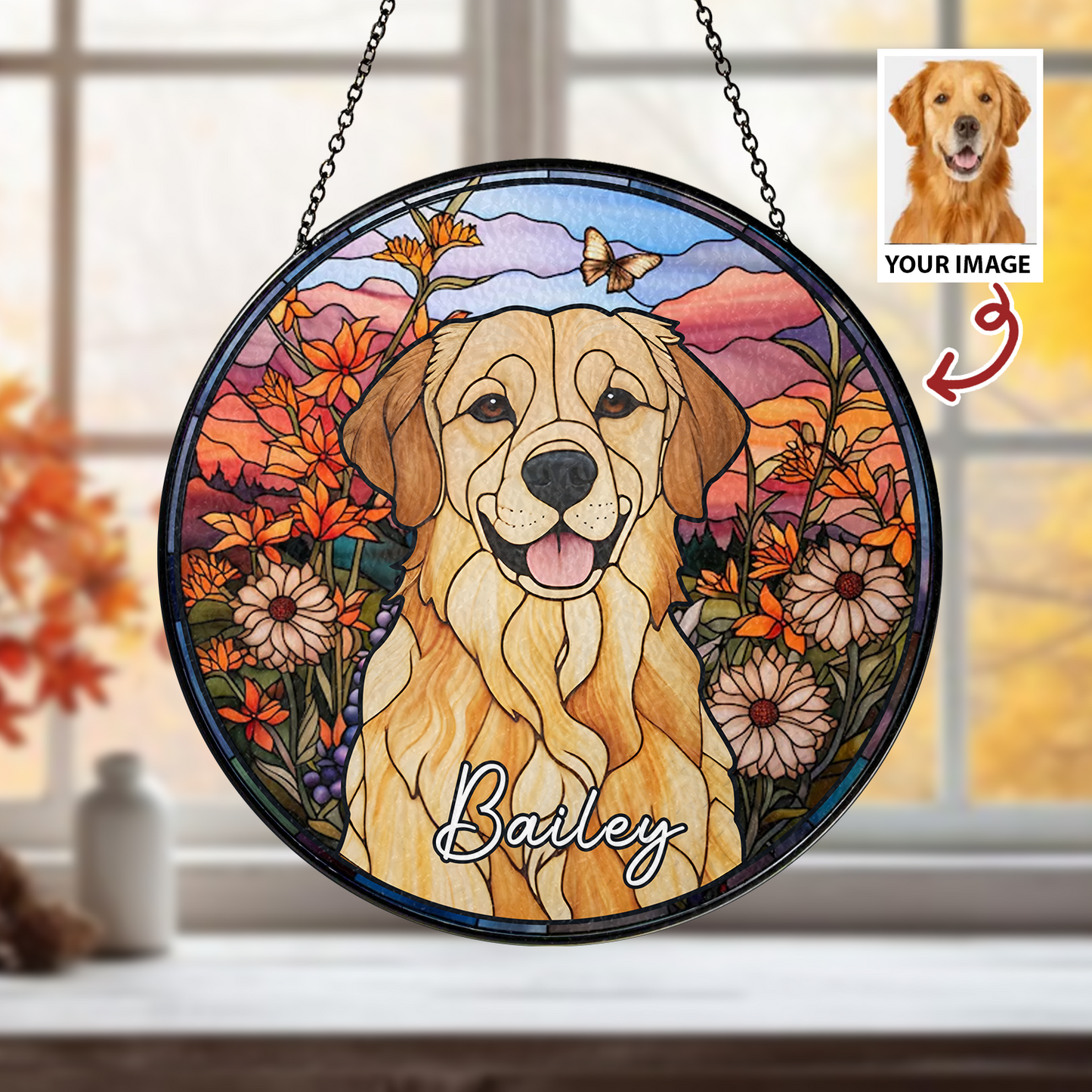 Custom Dog Memorial Suncatcher with Stained Glass Portrait – Unique Handmade Tribute Keepsake for Remembering a Beloved Pet (Sun-46)