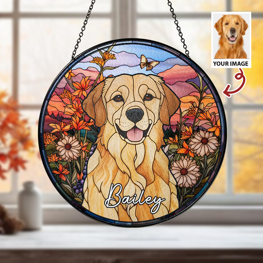 Custom Dog Memorial Suncatcher with Stained Glass Portrait – Unique Handmade Tribute Keepsake for Remembering a Beloved Pet (Sun-46)