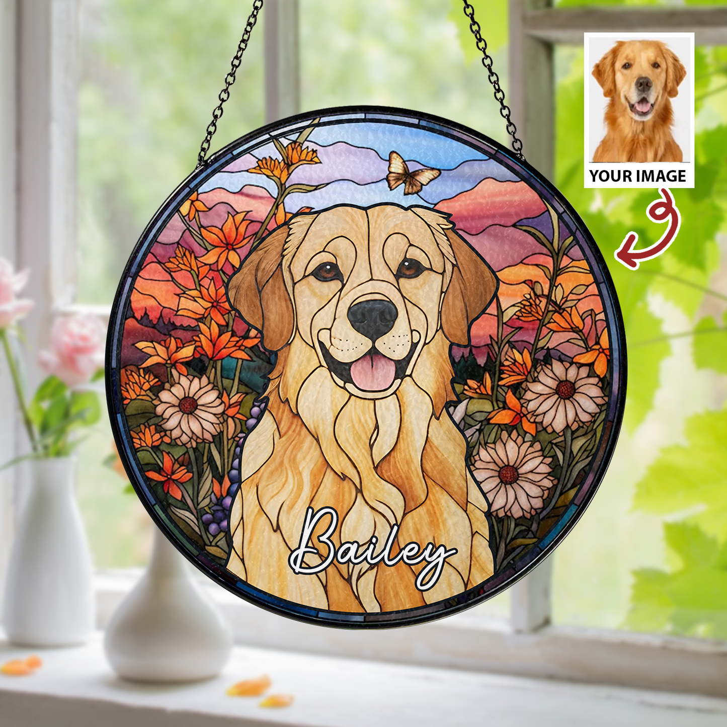Custom Dog Memorial Suncatcher with Stained Glass Portrait – Unique Handmade Tribute Keepsake for Remembering a Beloved Pet (Sun-46)