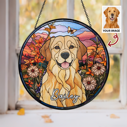 Custom Dog Memorial Suncatcher with Stained Glass Portrait – Unique Handmade Tribute Keepsake for Remembering a Beloved Pet (Sun-46)