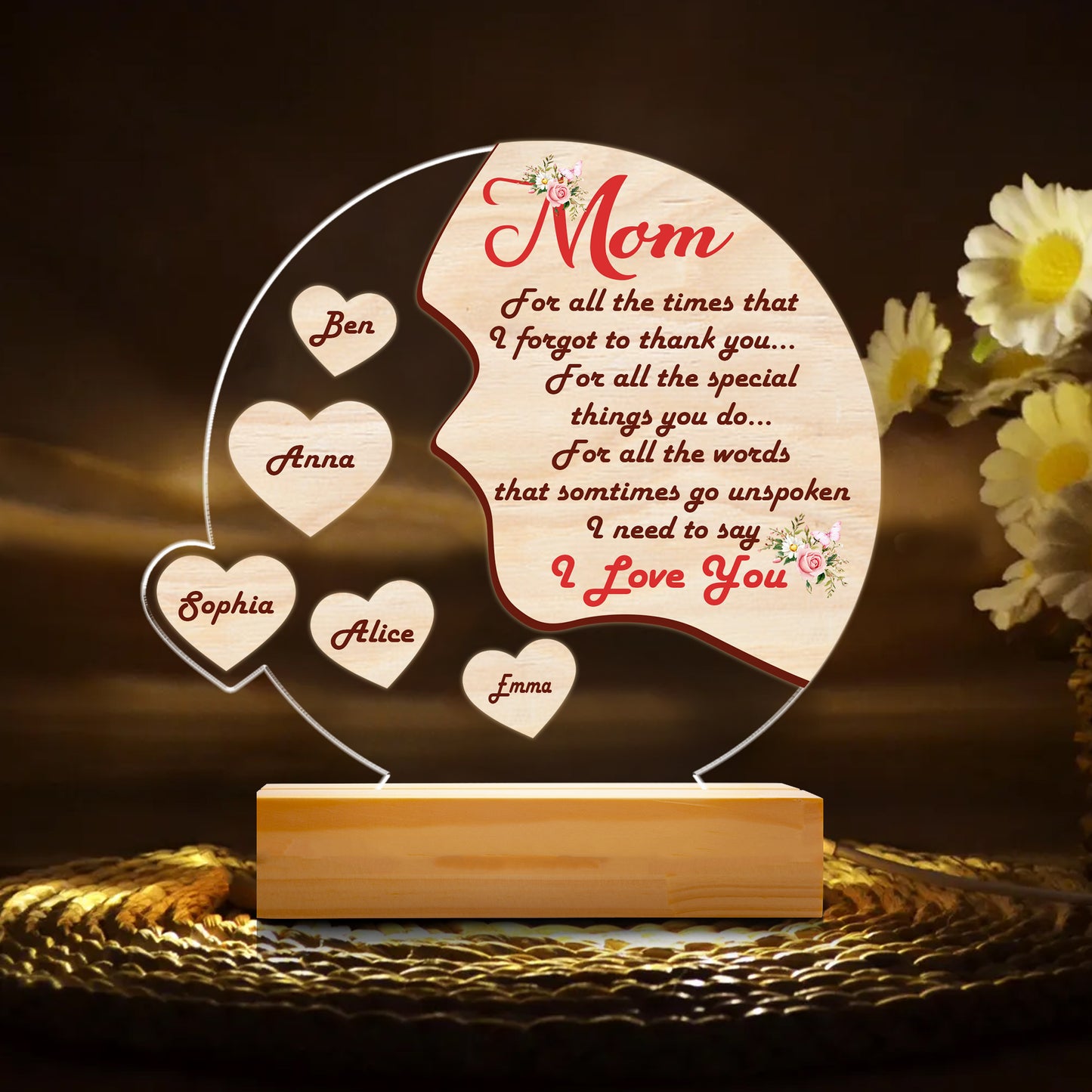 Acrylic Mom Night Light – Emotional Gift from Daughter with Message “For All the Times I Forgot to Thank You” – Keepsake of Love and Gratitude (MNL-02)