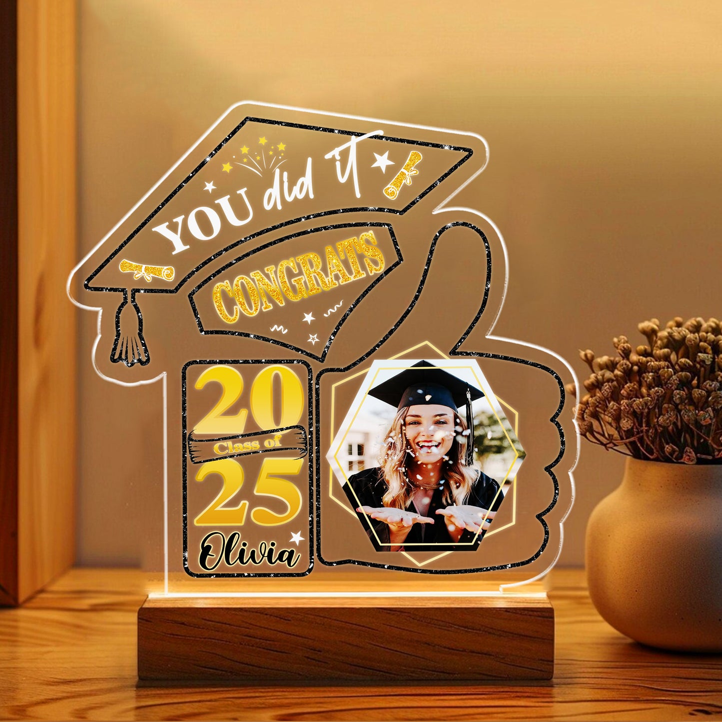 LED Graduation Night Light – Unique Cap & Like Symbol Design with Personalized Image and Name (GNL-18)