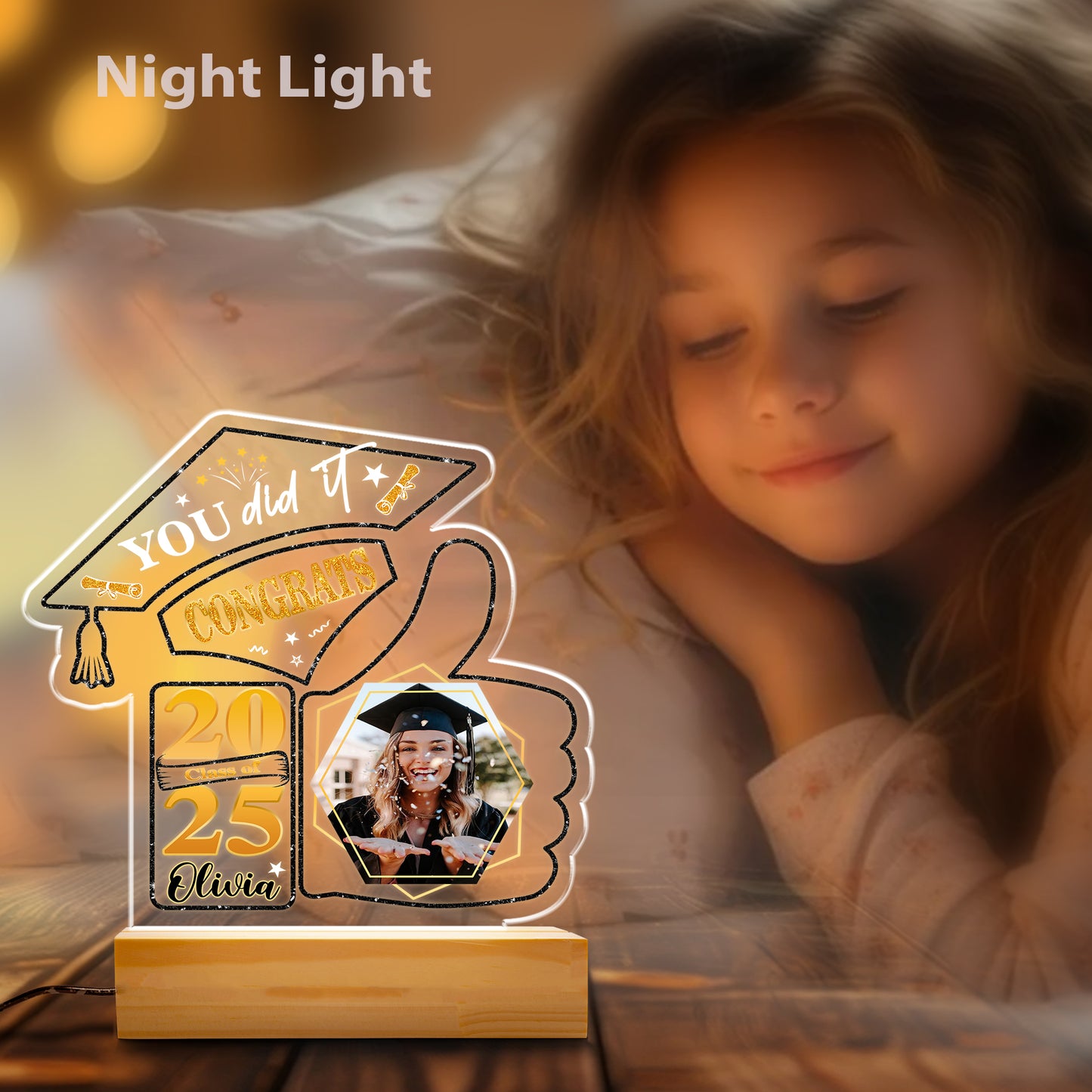 LED Graduation Night Light – Unique Cap & Like Symbol Design with Personalized Image and Name (GNL-18)