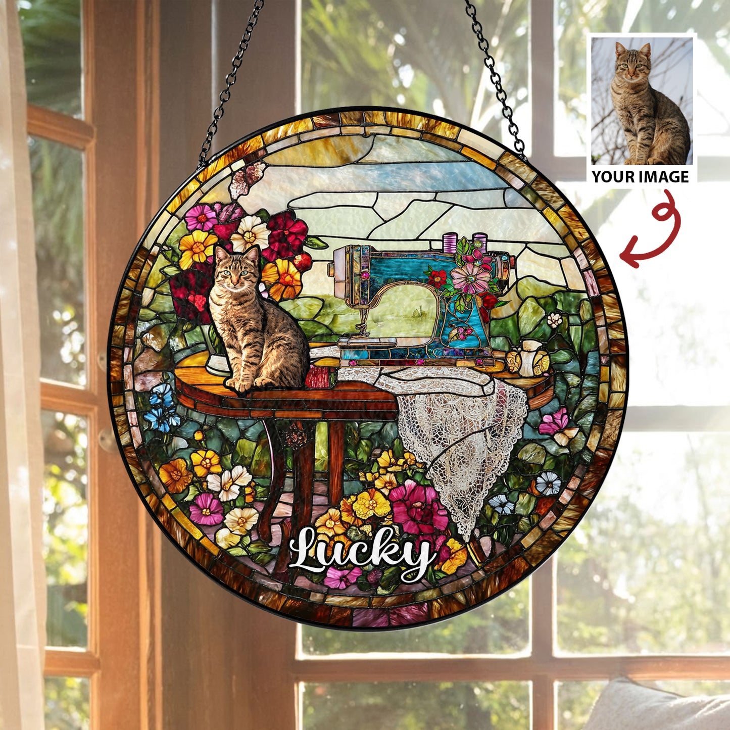 Personalized Stained Glass Suncatcher with Custom Cat Portrait – A Unique and Beautiful Decoration for Cat Lovers (Sun-13)