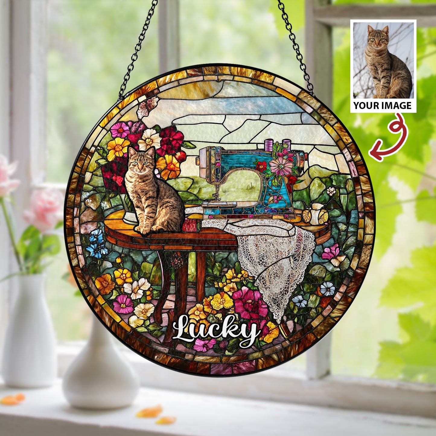 Personalized Stained Glass Suncatcher with Custom Cat Portrait – A Unique and Beautiful Decoration for Cat Lovers (Sun-13)
