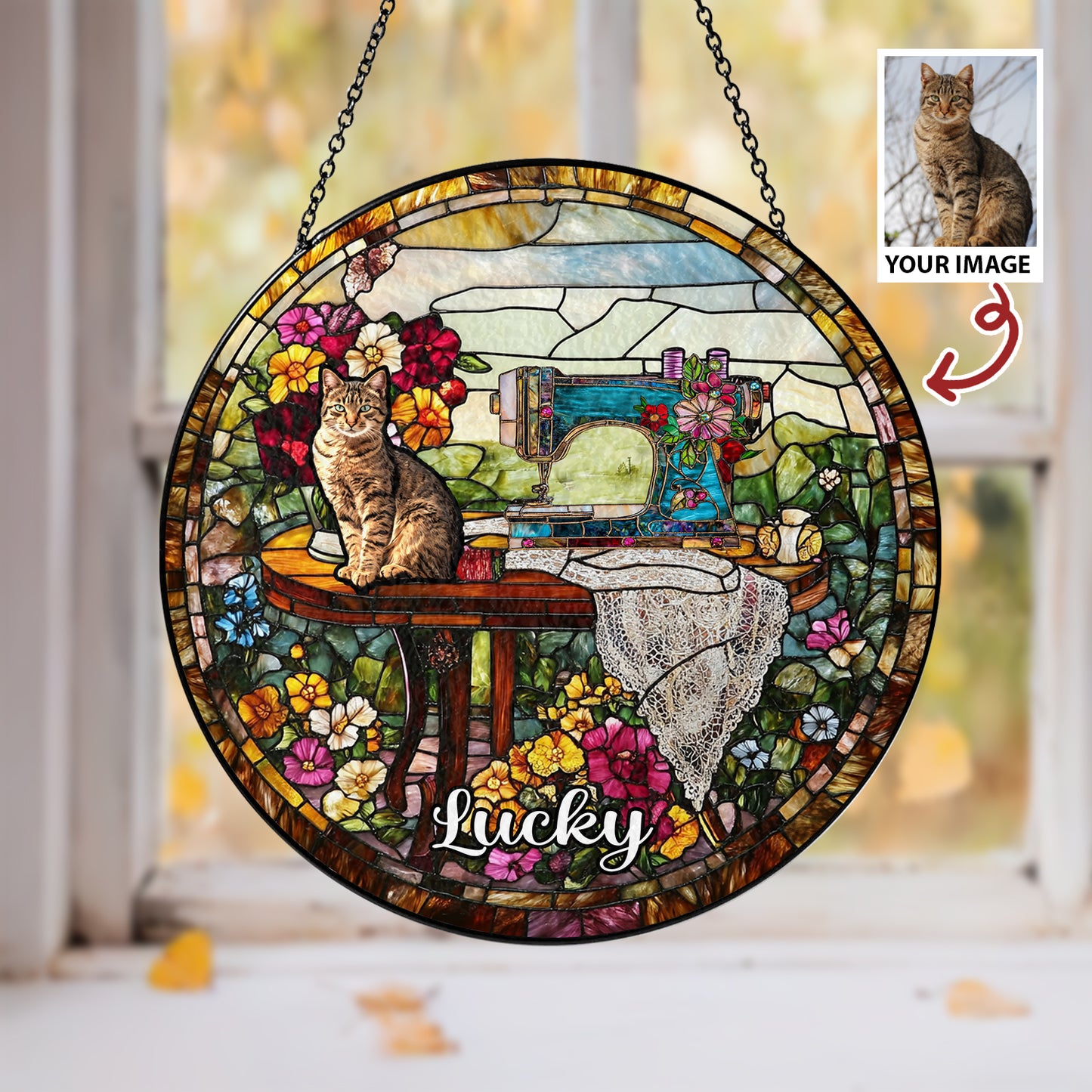 Personalized Stained Glass Suncatcher with Custom Cat Portrait – A Unique and Beautiful Decoration for Cat Lovers (Sun-13)