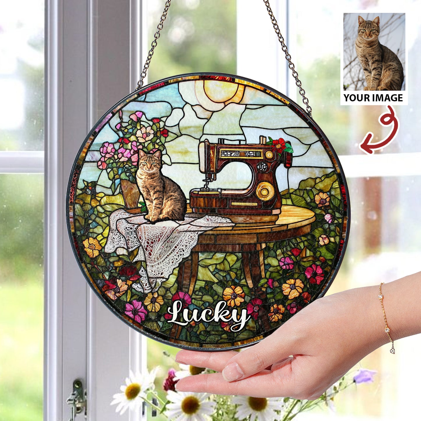 Personalized Stained Glass Suncatcher with Custom Cat Portrait – A Unique and Beautiful Decoration for Cat Lovers (Sun-13)