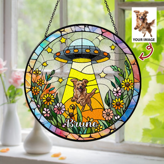 Dog and Cat UFO Abduction Glass Suncatcher – Quirky Alien Decor for Window, Pets-Themed Funny Gift (Sun-35)