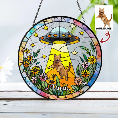 Dog and Cat UFO Abduction Glass Suncatcher – Quirky Alien Decor for Window, Pets-Themed Funny Gift (Sun-35)