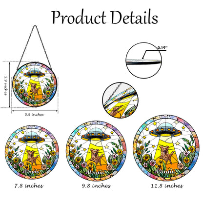 Dog and Cat UFO Abduction Glass Suncatcher – Quirky Alien Decor for Window, Pets-Themed Funny Gift (Sun-35)
