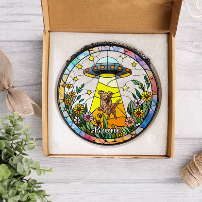 Dog and Cat UFO Abduction Glass Suncatcher – Quirky Alien Decor for Window, Pets-Themed Funny Gift (Sun-35)