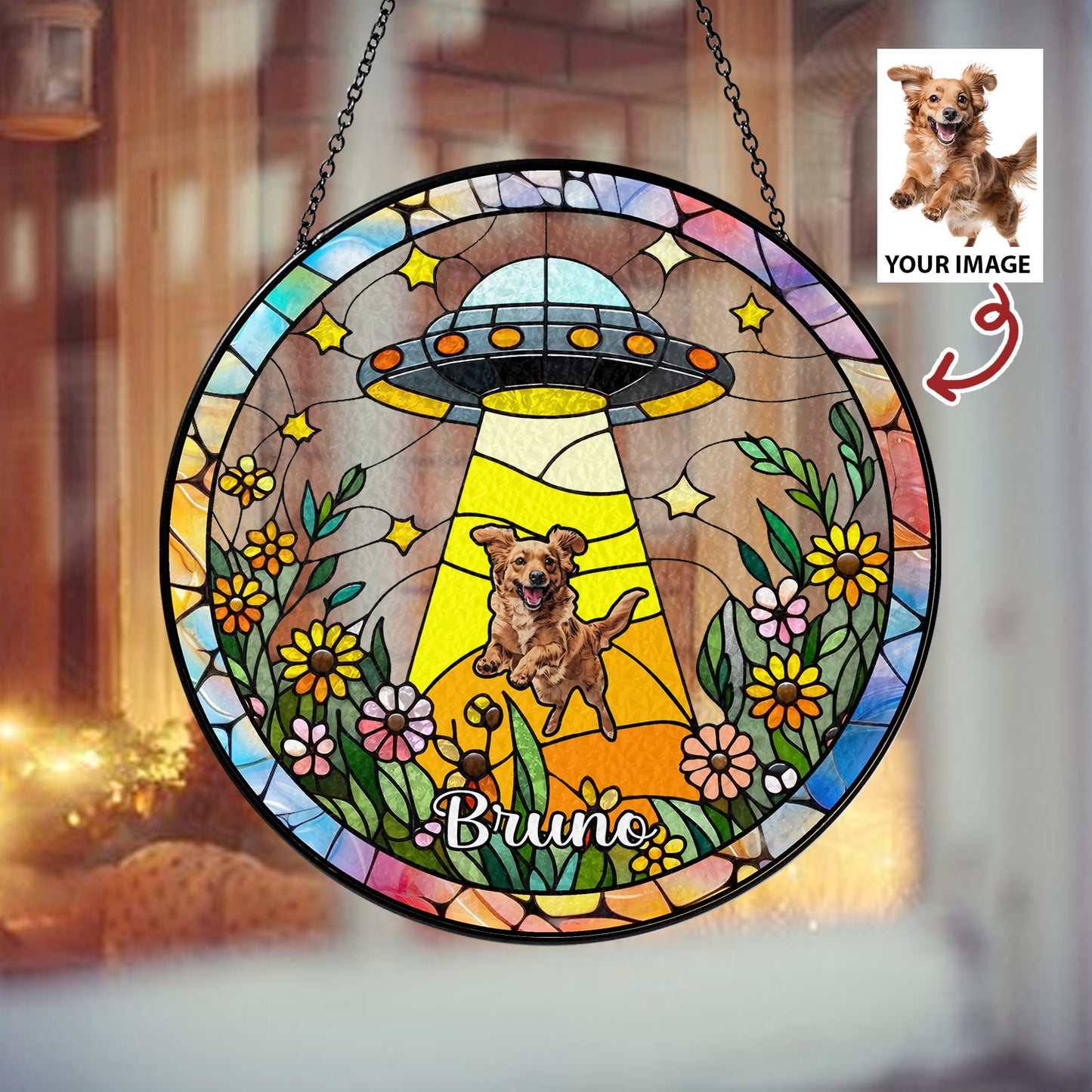 Dog and Cat UFO Abduction Glass Suncatcher – Quirky Alien Decor for Window, Pets-Themed Funny Gift (Sun-35)