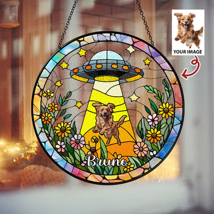 Dog and Cat UFO Abduction Glass Suncatcher – Quirky Alien Decor for Window, Pets-Themed Funny Gift (Sun-35)