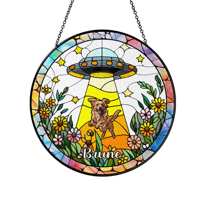 Dog and Cat UFO Abduction Glass Suncatcher – Quirky Alien Decor for Window, Pets-Themed Funny Gift (Sun-35)