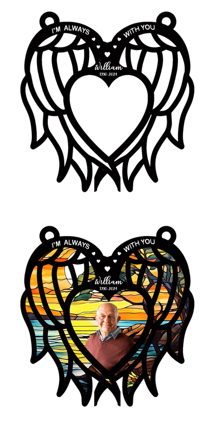 Personalized Memorial Hanging Suncatcher – Angel Wings Heart Design with Photo for Loss of Loved One (H-Sun-19)