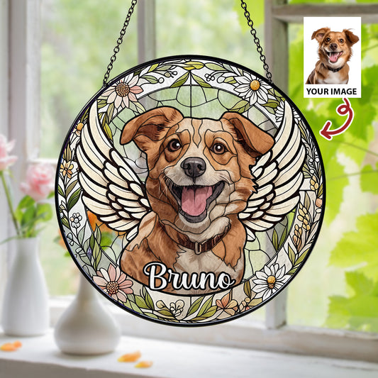 Custom Pet Portrait Suncatcher – Handmade Glass Memorial Gift for Honoring the Memory of a Loyal Dog (Sun-40)