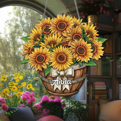 Personalized Sunflower Ornament Glass Suncatcher, Acrylic Ornaments, Sunflowers Boutique Acrylic, Custom Name Sunflower Gifts, Sunflower Decor (H-Sun-09)