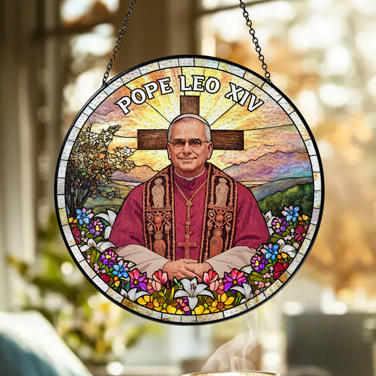 Christian Gift – Pope Leo XIV Glass Suncatcher with Cross and Floral Design – Limited Edition 2025 (Sun-99)