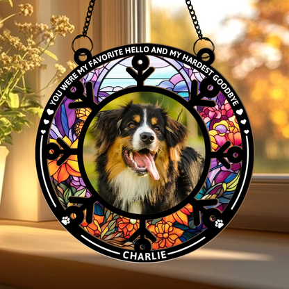Pet Memorial Hanging Suncatcher with Photo and Name – Personalized Rainbow Bridge Remembrance Gift for Dog or Cat Loss (H-Sun-29)
