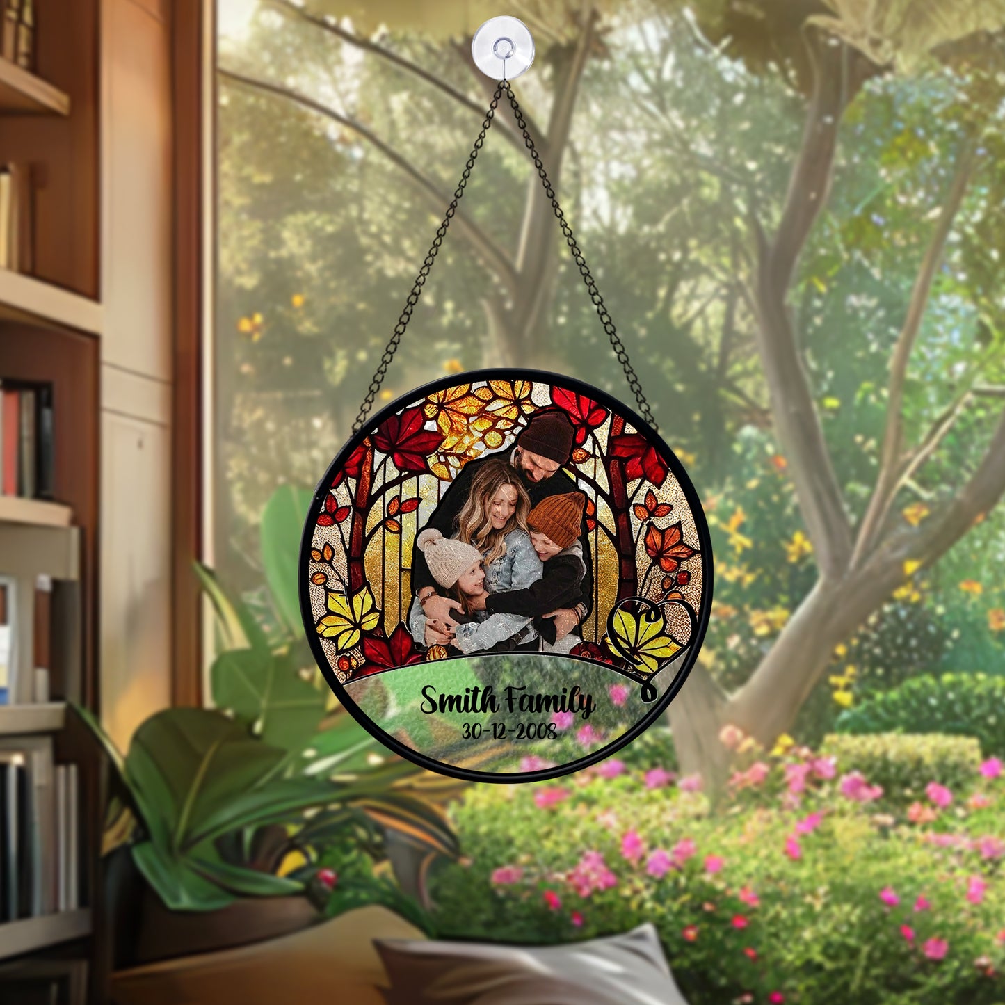 Personalized Family Photo Glass Suncatcher – Custom Stained Glass Window Hanging with Name and Date – Fall Tree Theme Gift for Family (Sun-85)