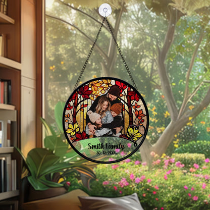 Personalized Family Photo Glass Suncatcher – Custom Stained Glass Window Hanging with Name and Date – Fall Tree Theme Gift for Family (Sun-85)