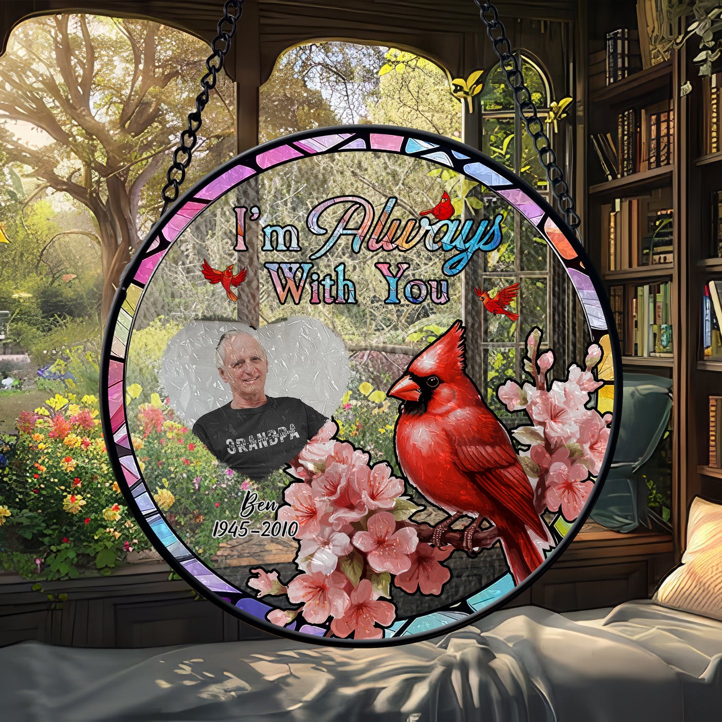 Cardinal Remembrance Glass Suncatcher – Custom Photo Memorial Hanging Sign for Loss of Loved One (Sun-96)