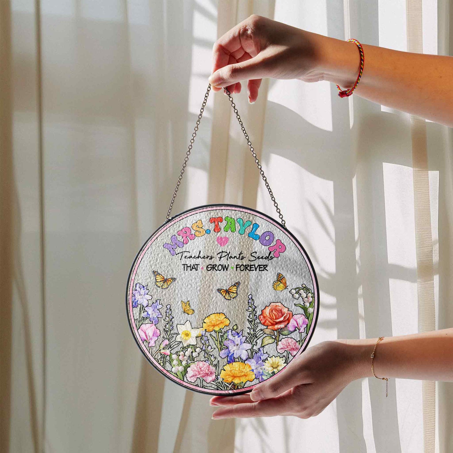 Unique Teacher Gift with Name - Garden Themed Stained Glass Suncatcher - Teacher Retirement or Thank You Gift (Sun-106)