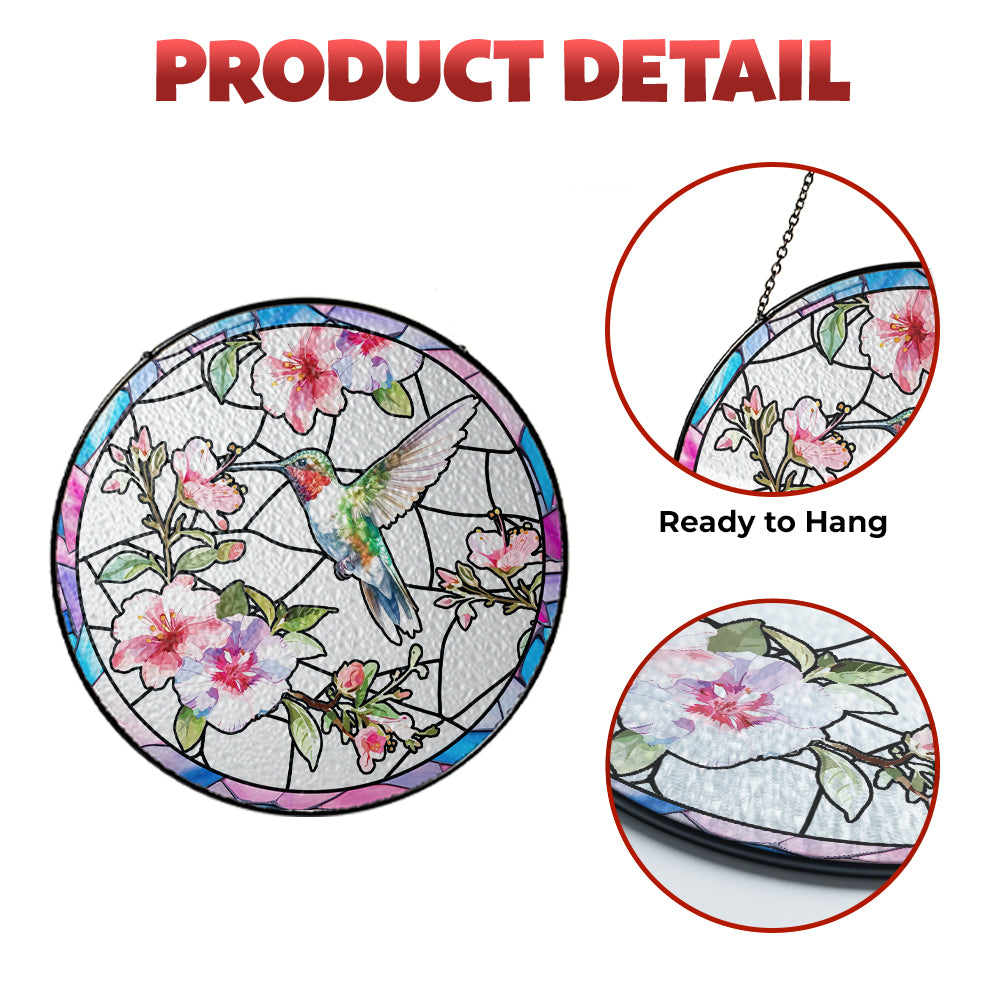 Custom Floral and Hummingbird Stained Glass Suncatcher for Window (Sun-14)