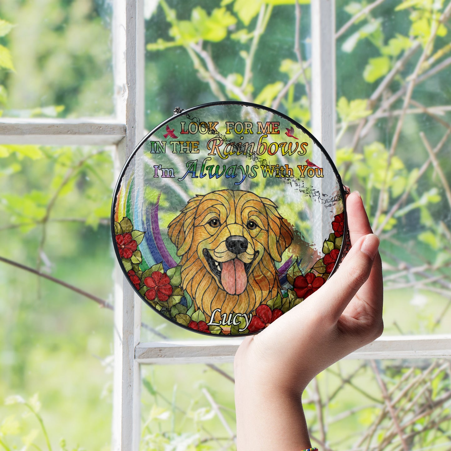 Custom Pet Glass Suncatcher with Floral Design – Personalized Dog Face Window Ornament for Pet Owners, Memorial, or Birthday Gift (Sun-82)