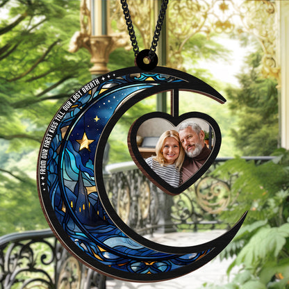Personalized Hanging Suncatcher Moon and Heart – Custom Couple Photo Ornament – Romantic Stained Hanging Gift (Sun-105)