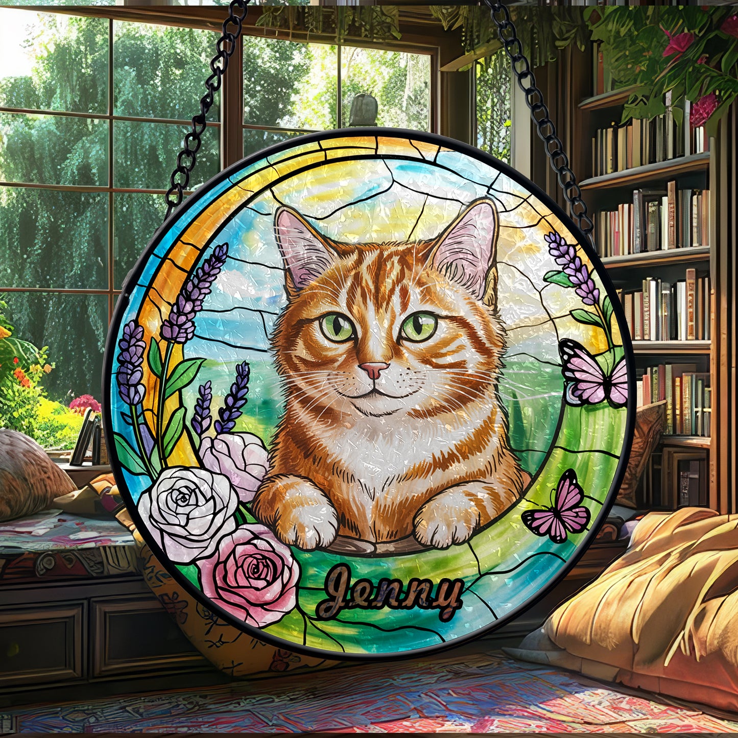 Custom Cat Portrait Glass Suncatcher – Personalized Pet Memorial or Gift for Cat Lovers – Floral Window Hanging with Pet Name (Sun-90)