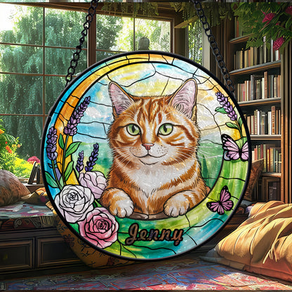Custom Cat Portrait Glass Suncatcher – Personalized Pet Memorial or Gift for Cat Lovers – Floral Window Hanging with Pet Name (Sun-90)