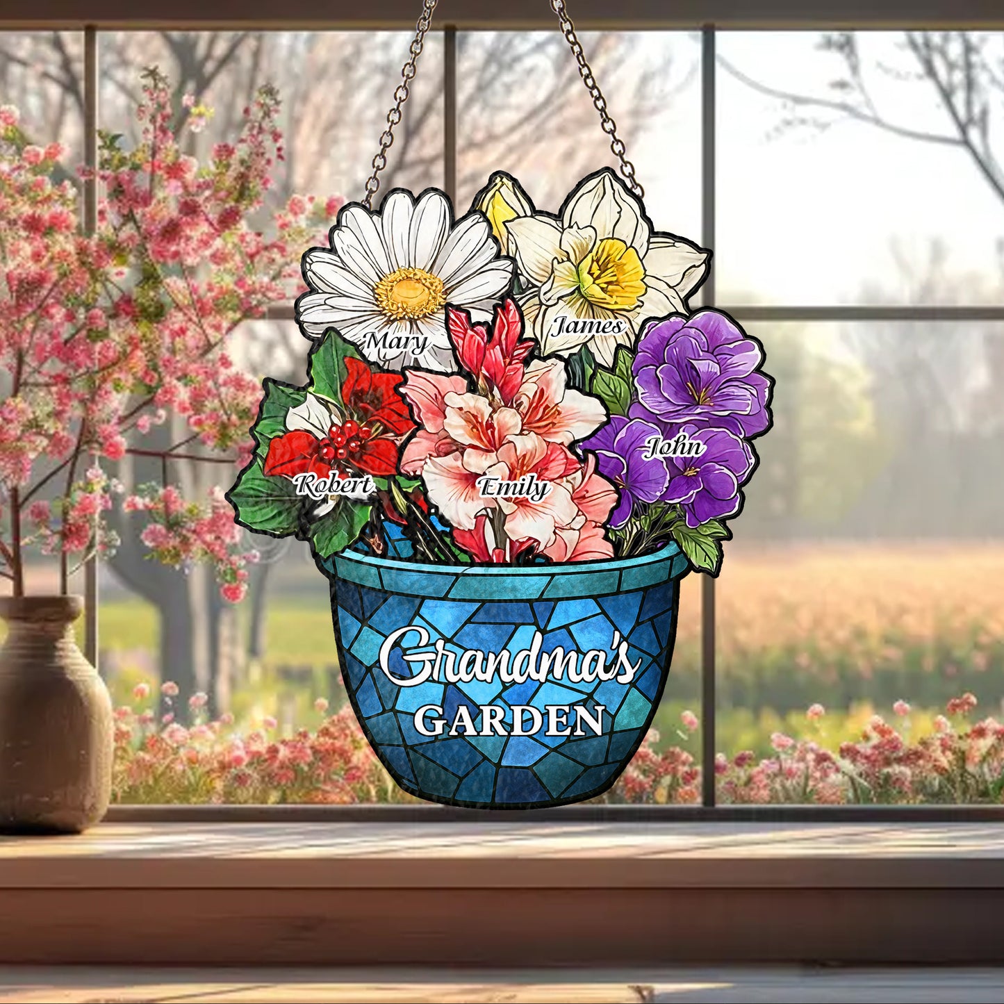 Custom Family Birth Flowers Glass Suncatcher, Personalized Mom’s Garden Gift, Mother’s Day, Stained Glass Art for Grandma’s Garden (H-Sun-08)