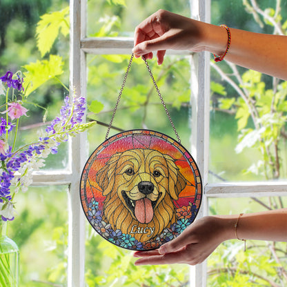 Personalized Dog Portrait Glass Suncatcher with Pet Name – Custom Stained Glass Style Window Hanging for Dog Lovers & Memorial Gift (Sun-81)