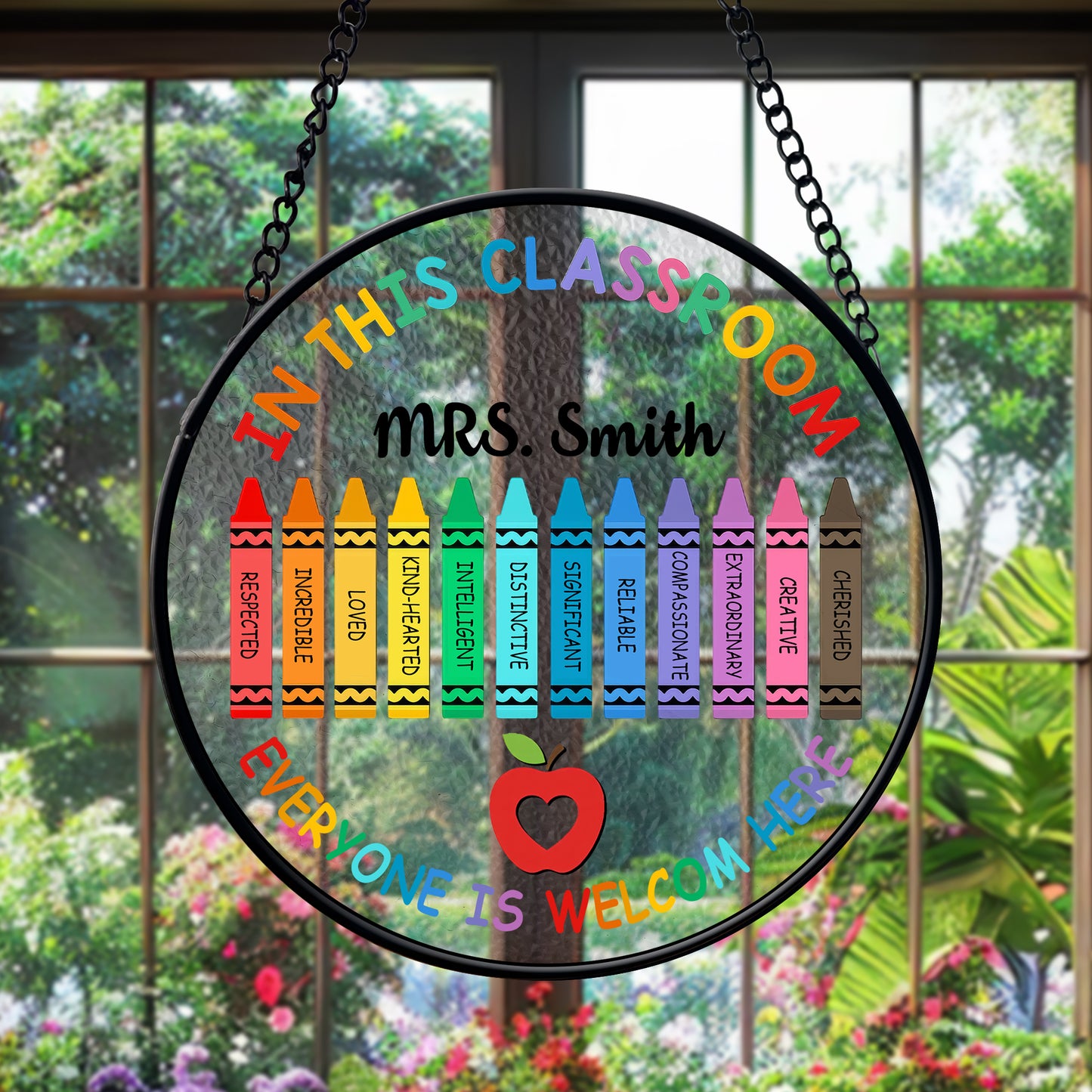 Custom Classroom Glass Suncatcher – Teacher Gift with Rainbow Crayons and Welcome Quote – Back to School Window Decoration (Sun-88)