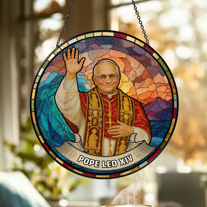 Pope Leo XIV Stained Glass Suncatcher – Catholic Window Hanging Religious Gift – Pope Art Decor for Prayer Room (Sun-102)