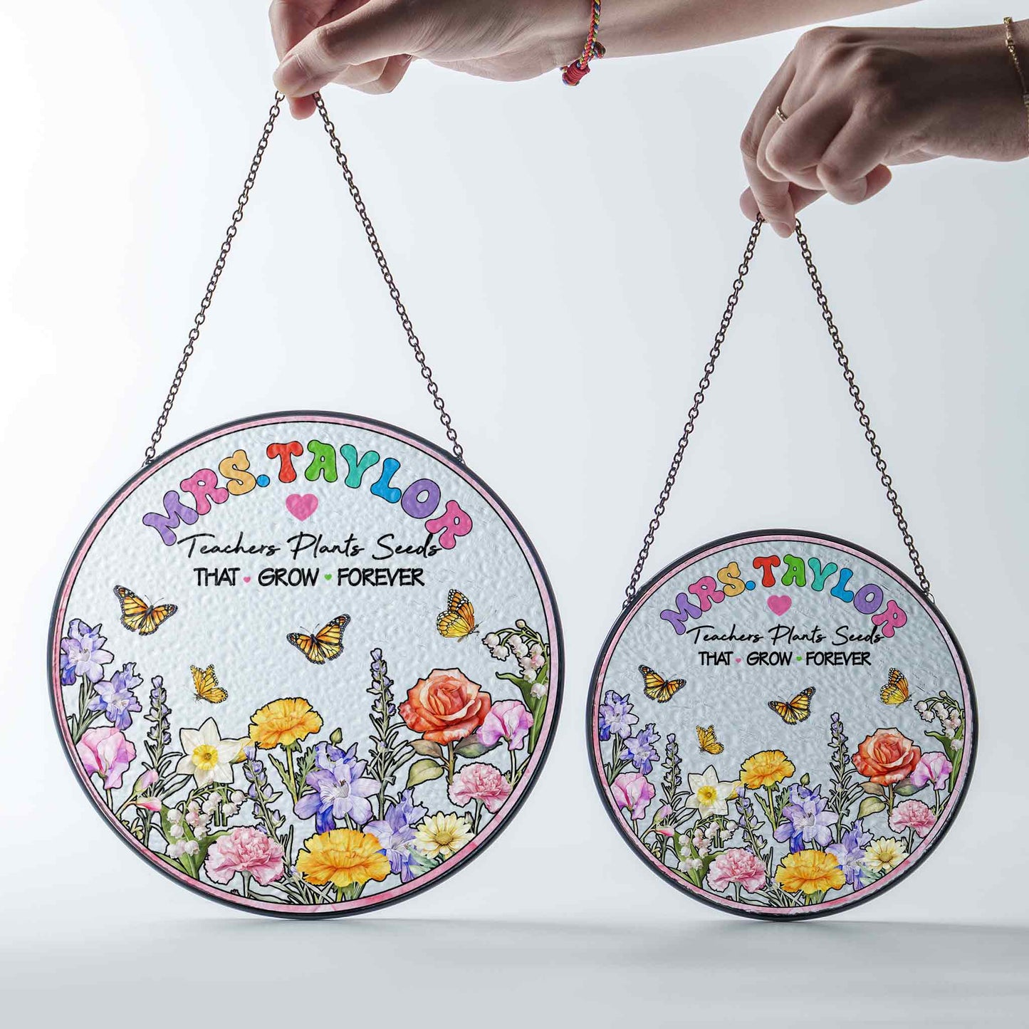 Unique Teacher Gift with Name - Garden Themed Stained Glass Suncatcher - Teacher Retirement or Thank You Gift (Sun-106)