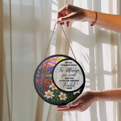 Personalized Inspirational Glass Suncatcher, Retirement Gift for Teacher or Mentor, Never Underestimate the Difference Quote, Custom Name and Year (Sun-108)