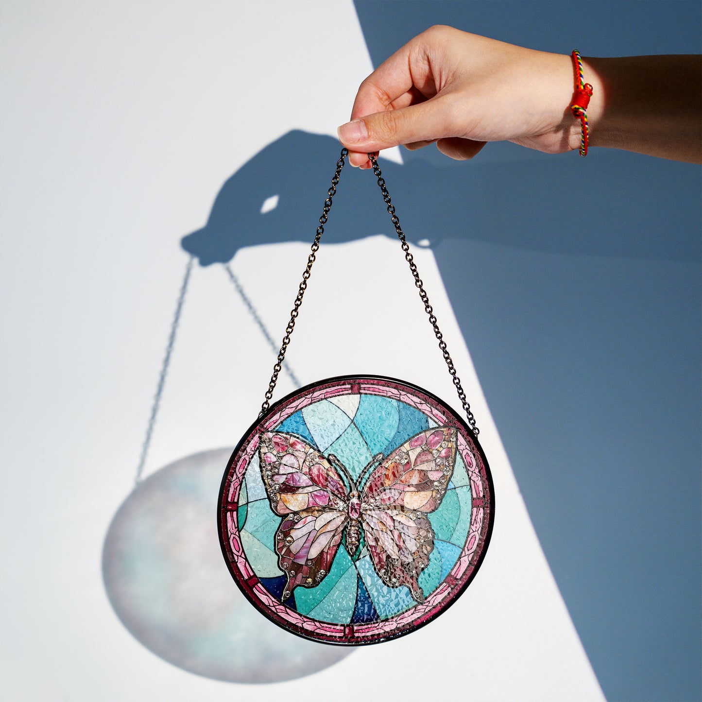 Handcrafted Glass Suncatcher with Butterfly Design – Pink & Jewel Tone Stained Glass Hanging – Window Decor for Spring or Summer (Sun-84)