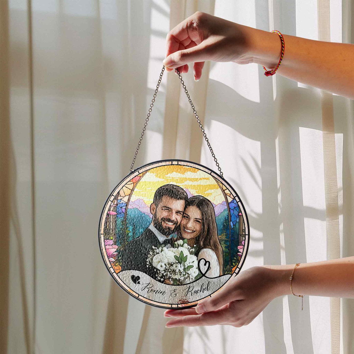 Wedding Photo Glass Suncatcher, Personalized Couple Portrait Ornament, Custom Bride and Groom Keepsake, Newlywed Gift Idea, Romantic Wedding Gift (Sun-111)